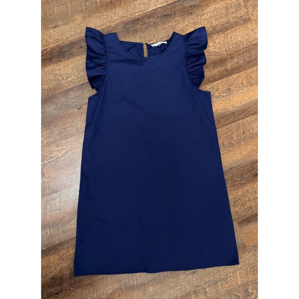 Michelle McDowell Navy Blue Shift Dress M Ruffle Flutter Sleeve Cotton Stretch